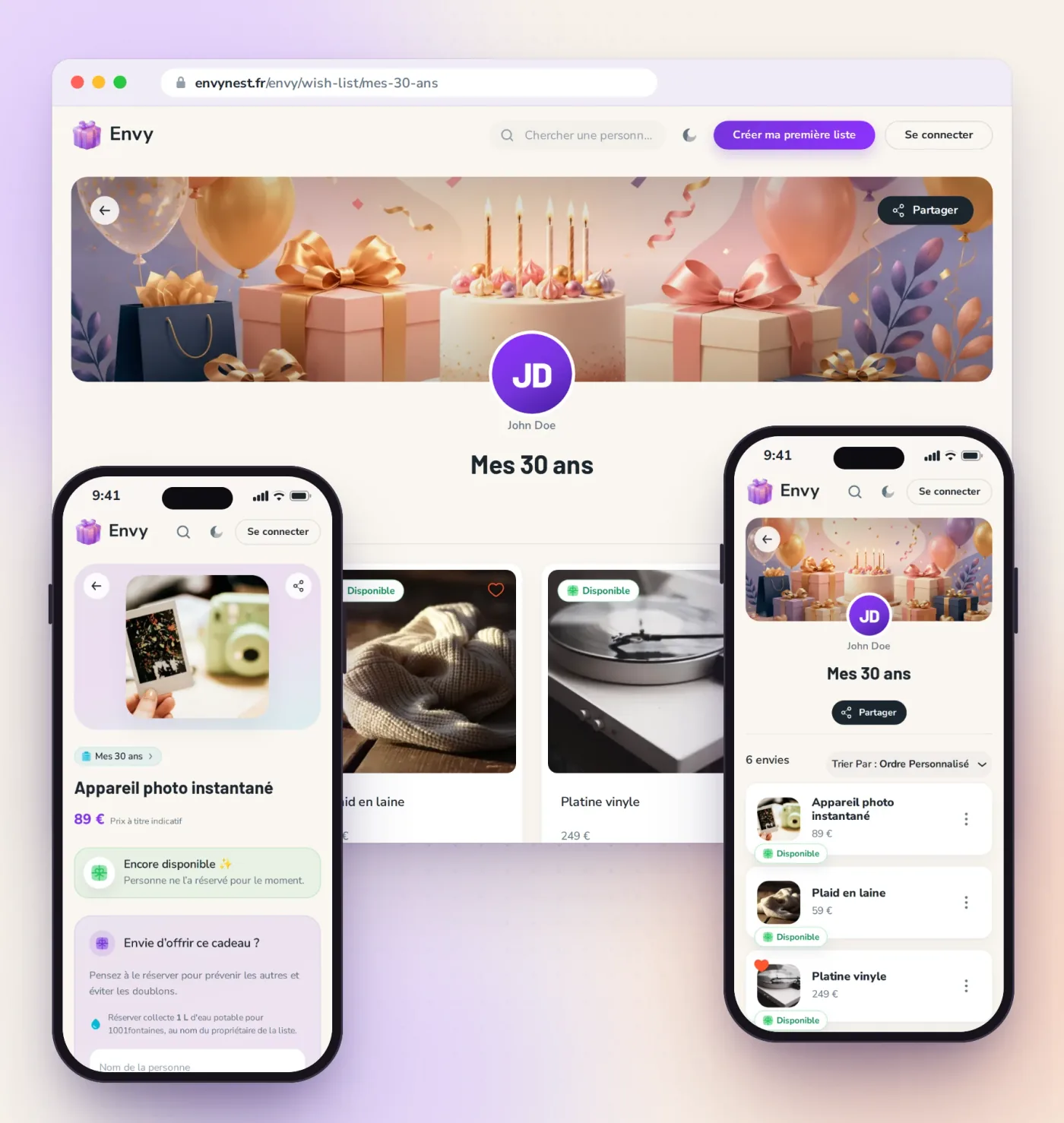 Envy, l’application de listes d’envies conçue par Noki Mind, sur ordinateur et sur téléphone : une liste d’anniversaire, ses cadeaux et leur réservation