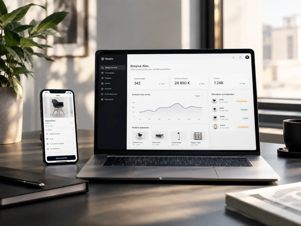 Un tableau de bord de gestion sur un ordinateur, avec l’application mobile à côté
