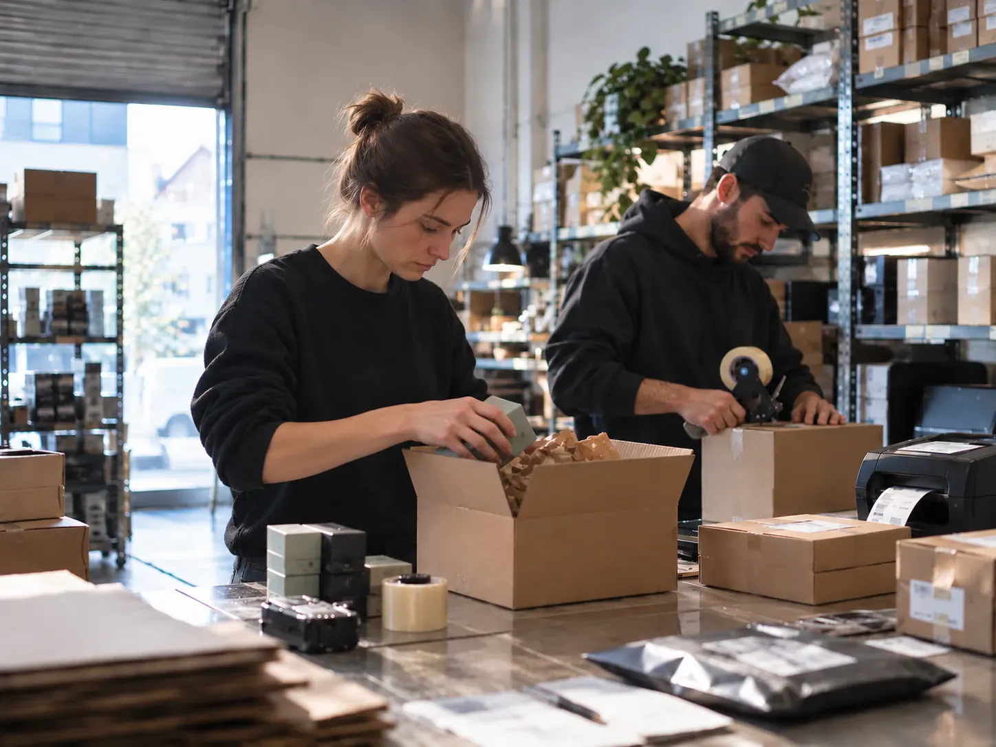 Deux personnes emballent et scellent des colis de commandes dans un atelier logistique, à côté d’une imprimante d’étiquettes d’expédition